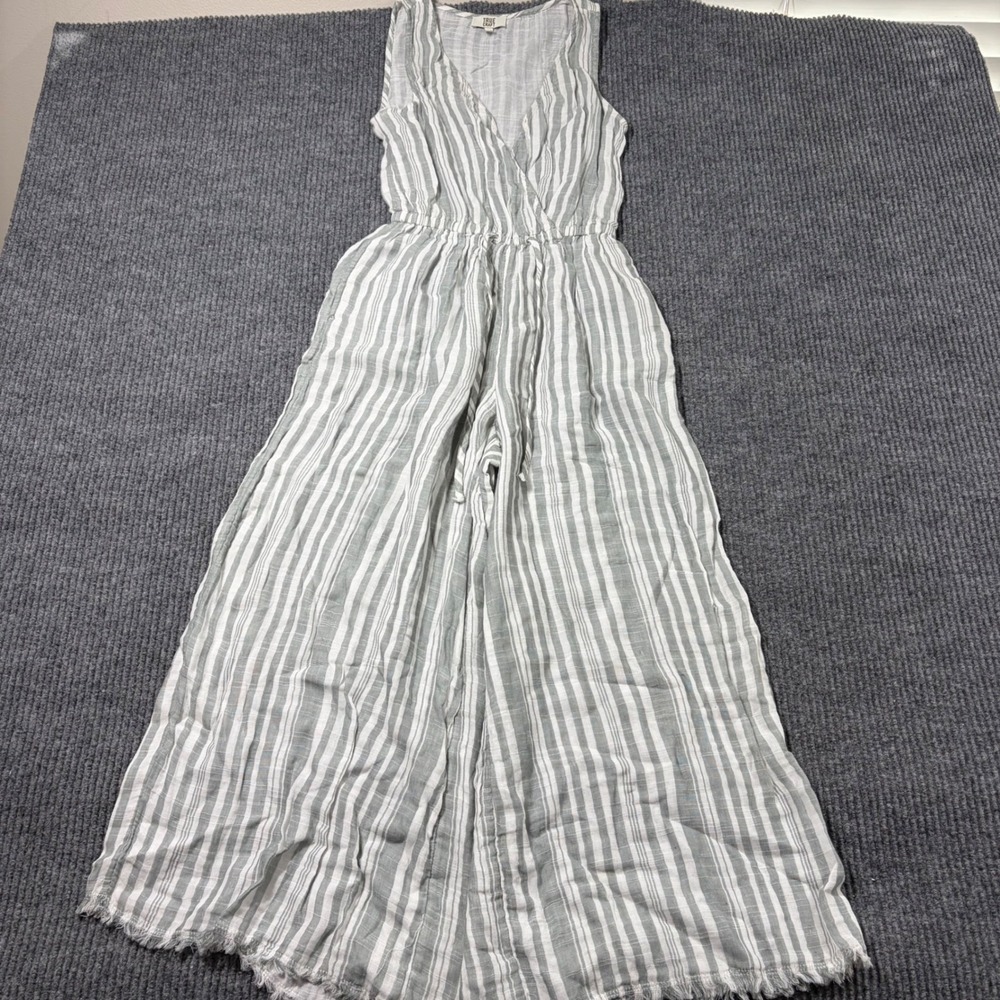 True Craft Womens XS Gray White Striped Sleeveless Wide Leg Jumpsuit Frayed Hem